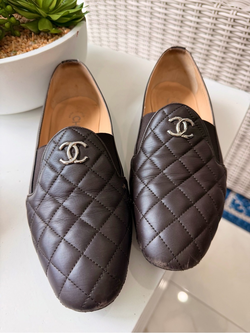 CHANEL Quilted Leather Loafers in Dark Brown with Silver CC